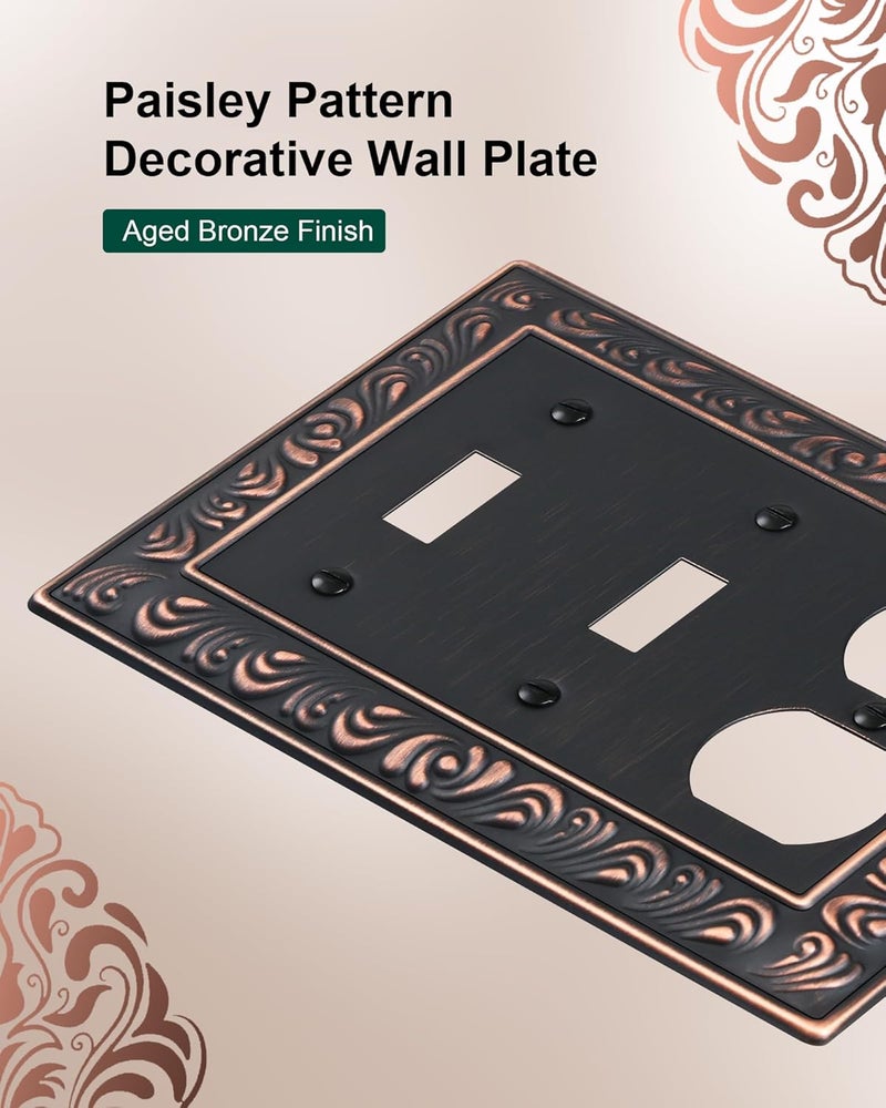 treewell 2-Pack Combo Double Toggle/Single Duplex Outlet Covers, Paisley Pattern Decorative Switch Plates and Outlet Covers, 4 Gang Aged Bronze Metal Wall Plates, Corrosion Resistant - Image 3